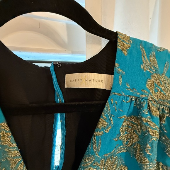 NWT Happy x Nature by Kate Hudson Teal & Gold Brocade Puff Sleeve Jumpsuit - Picture 8 of 15